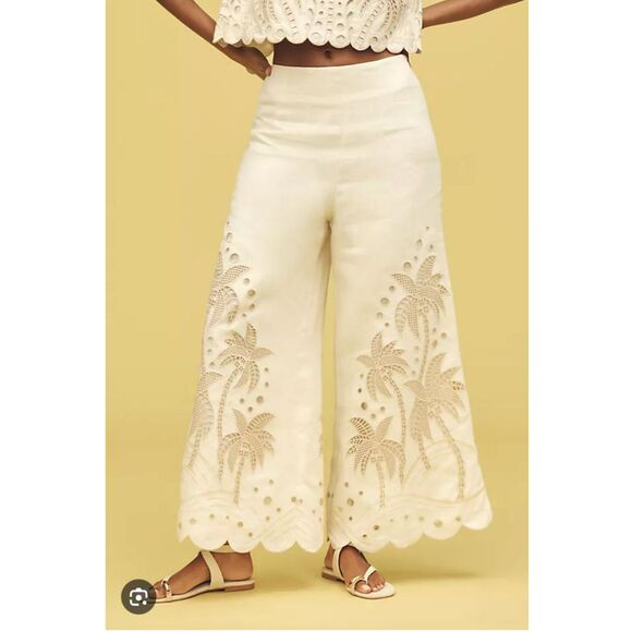NWT Farm Rio Natural Linen Embroidered Wide Leg Pants Medium | New | Resort . - Picture 5 of 5